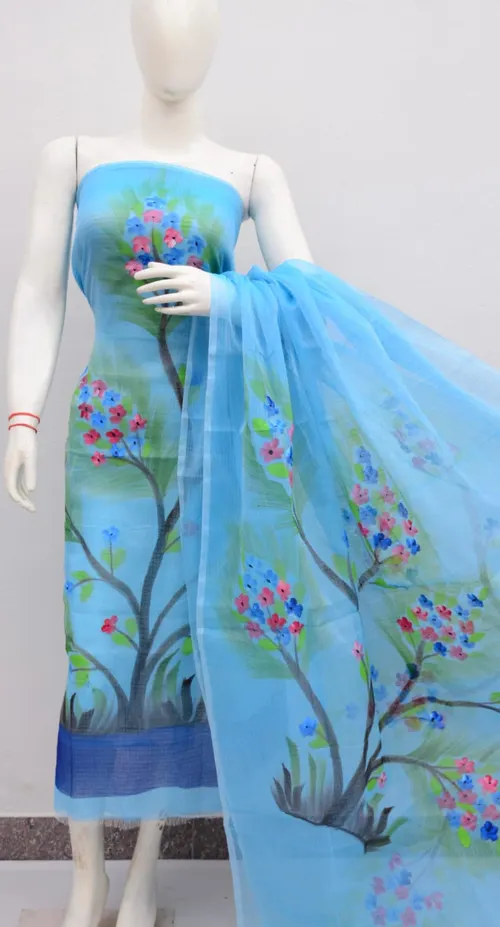 Graceful Kota Doria Dress Material with Hand Brush Print Work – Lightweight Elegance in Every Thread